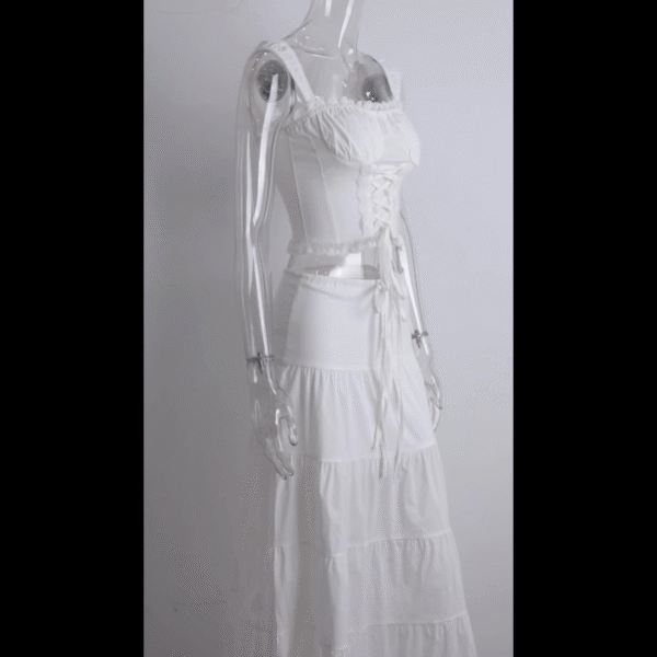 Summer Dress Women's French Square Neck Strappy Top with Lace Insert and Half Skirt Vacation Style Set for Women - 图片 4