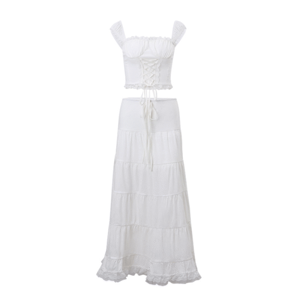 Summer Dress Women's French Square Neck Strappy Top with Lace Insert and Half Skirt Vacation Style Set for Women - 图片 6