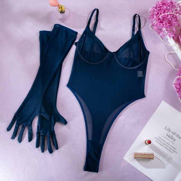 Women Underwear Black Mesh Spliced Bodysuit Lingerie Set with Long Gloves - 图片 7