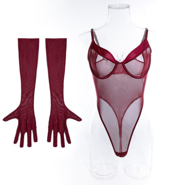 Women Underwear Black Mesh Spliced Bodysuit Lingerie Set with Long Gloves - 图片 6