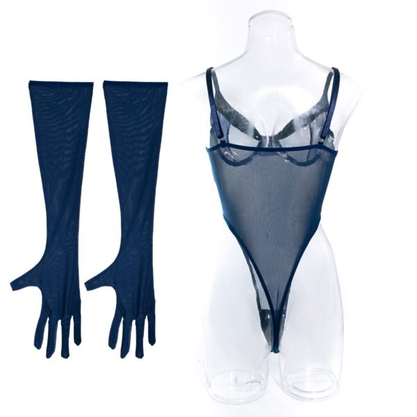 Women Underwear Black Mesh Spliced Bodysuit Lingerie Set with Long Gloves - 图片 5