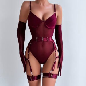 Burgundy Velvet Lace up Bodysuit Garter Lingerie Set with Long Gloves For Valentine's Day
