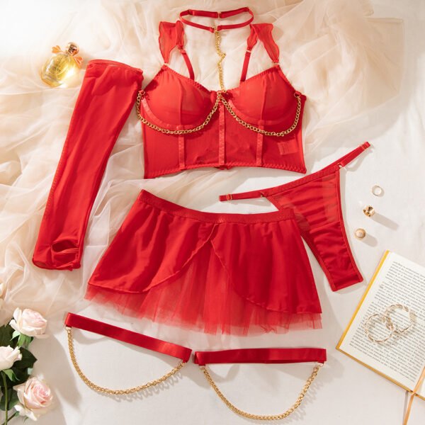 Sexy Lingerie Party Dress Net Sheen Dress With Chain Necklaces And Gloves Underwear for Woman - 图片 7