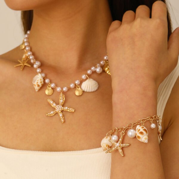 Bohemian Gold Sea Shell Starfish Jewelry Set | Pearl Necklace & Bracelet for Women, Beach Vacation Statement Accessories - 图片 7