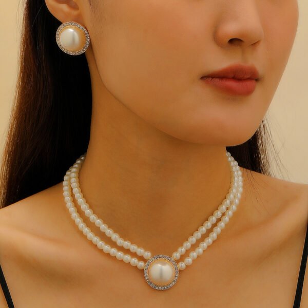 Vintage Pearl & Rhinestone Jewelry Set Double-Layer Choker Necklace & Stud Earrings for Women - 图片 3