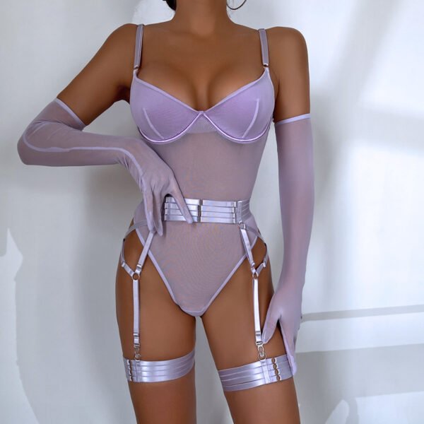 Burgundy Velvet Lace up Bodysuit Garter Lingerie Set with Long Gloves For Valentine's Day - 图片 4