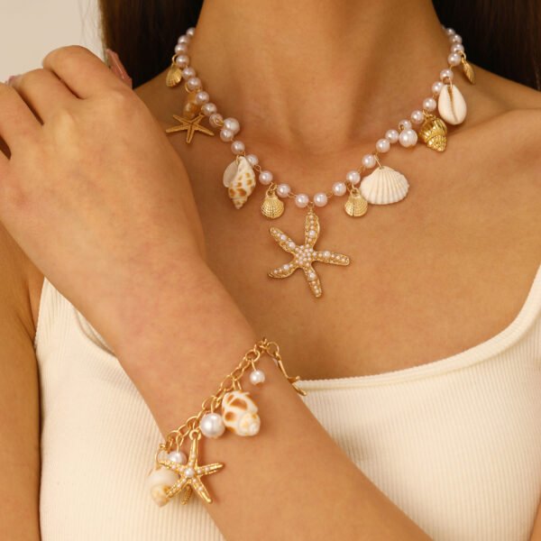Bohemian Gold Sea Shell Starfish Jewelry Set | Pearl Necklace & Bracelet for Women, Beach Vacation Statement Accessories - 图片 2