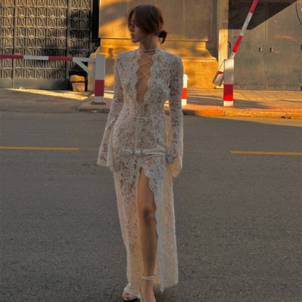 French Lace Sheer Maxi Dress, Crisscross Tie - Back Flared Sleeve High - Slit Sexy Gown - 图片 3
