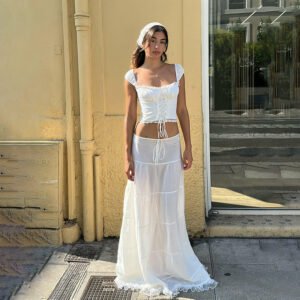 Summer Dress Women's French Square Neck Strappy Top with Lace Insert and Half Skirt Vacation Style Set for Women