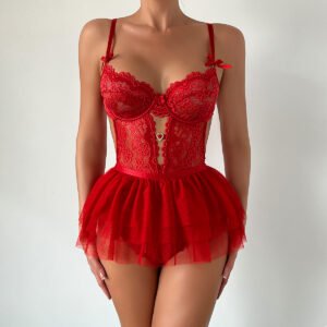 Hot Selling Cute Girl Style Heart Shaped Lace Transparent Backless Sexy Underwear All In One Set
