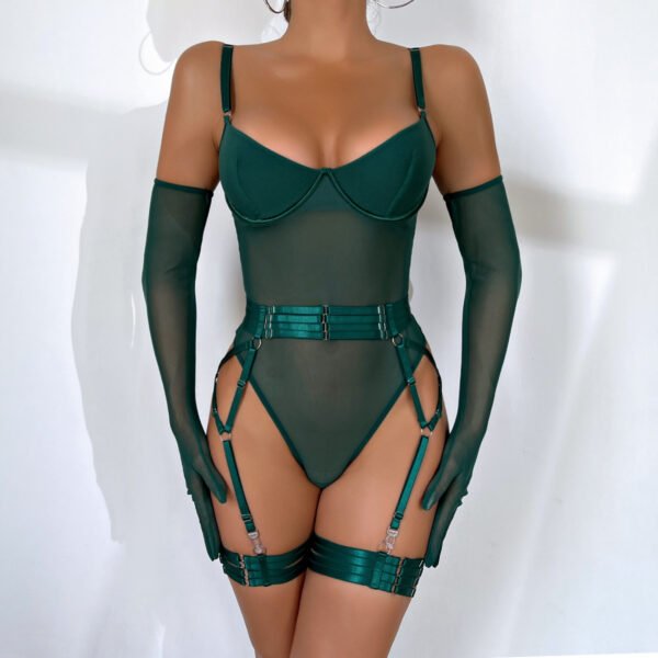 Burgundy Velvet Lace up Bodysuit Garter Lingerie Set with Long Gloves For Valentine's Day - 图片 3