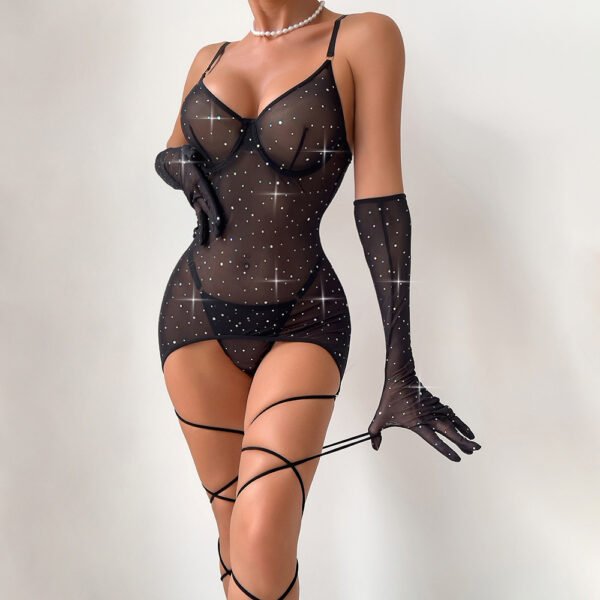 Sexy Lingerie With Net Fabric Revealing Back Design SeeThrough Effect Elastic Straps And Hand Gloves - 图片 8