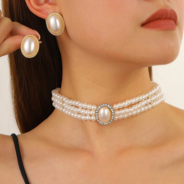 Vintage Pearl & Rhinestone Jewelry Set Double-Layer Choker Necklace & Stud Earrings for Women