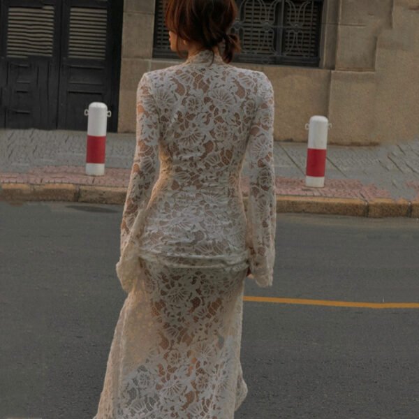 French Lace Sheer Maxi Dress, Crisscross Tie - Back Flared Sleeve High - Slit Sexy Gown - 图片 5