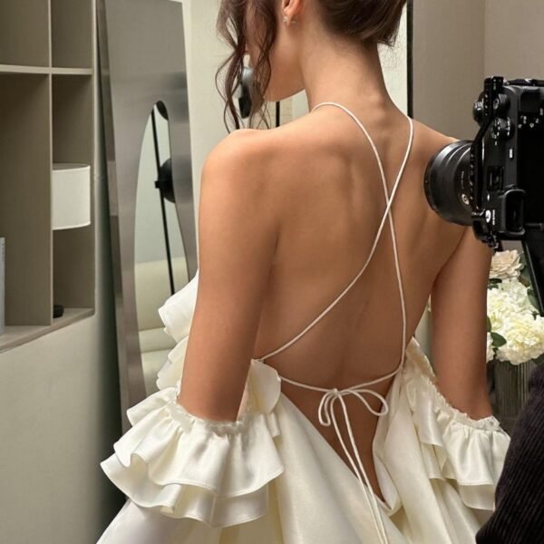 Niche Design Off Shoulder Ruffled Dress Backless Tie Up Flared Sleeve Luxury Celebrity Style Party Dress - 图片 4