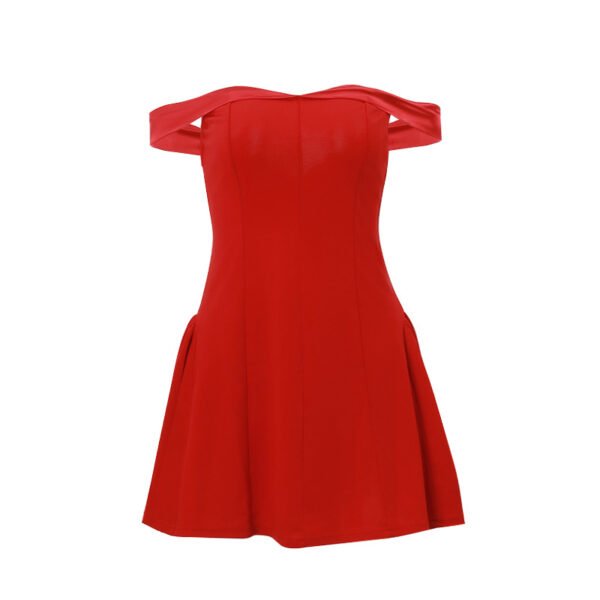 French Off Shoulder Red Satin Dress Waist Cinching A Line Mini Sexy Cocktail Dress - 图片 2