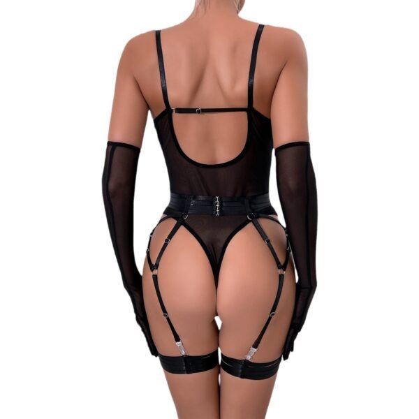 Burgundy Velvet Lace up Bodysuit Garter Lingerie Set with Long Gloves For Valentine's Day - 图片 6