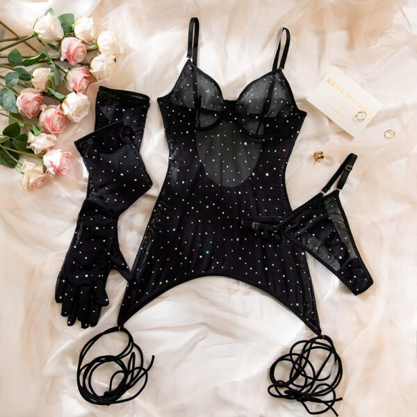 Sexy Lingerie With Net Fabric Revealing Back Design SeeThrough Effect Elastic Straps And Hand Gloves - 图片 11