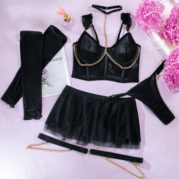 Sexy Lingerie Party Dress Net Sheen Dress With Chain Necklaces And Gloves Underwear for Woman - 图片 6