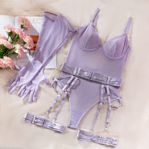 Burgundy Velvet Lace up Bodysuit Garter Lingerie Set with Long Gloves For Valentine's Day - 图片 10