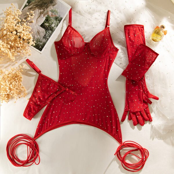 Sexy Lingerie With Net Fabric Revealing Back Design SeeThrough Effect Elastic Straps And Hand Gloves - 图片 10