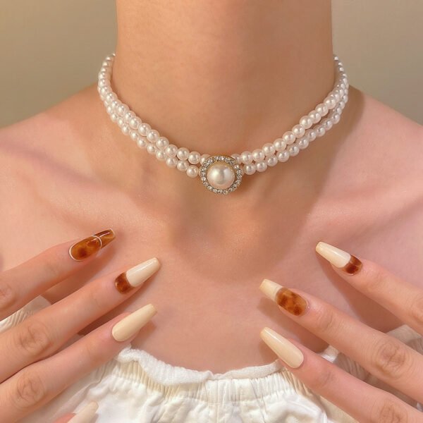 Vintage Pearl & Rhinestone Jewelry Set Double-Layer Choker Necklace & Stud Earrings for Women - 图片 2