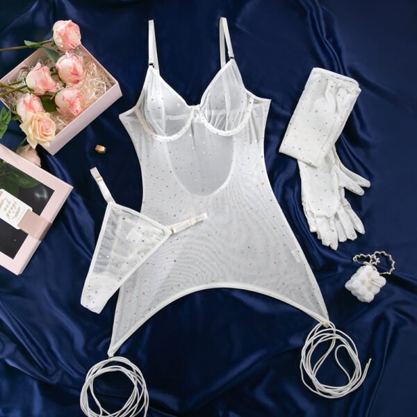 Sexy Lingerie With Net Fabric Revealing Back Design SeeThrough Effect Elastic Straps And Hand Gloves - 图片 9