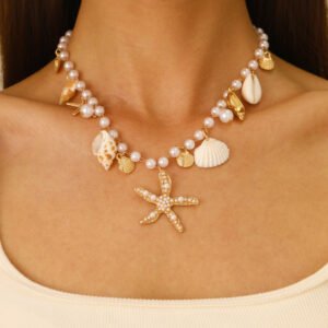 Bohemian Gold Sea Shell Starfish Jewelry Set | Pearl Necklace & Bracelet for Women, Beach Vacation Statement Accessories