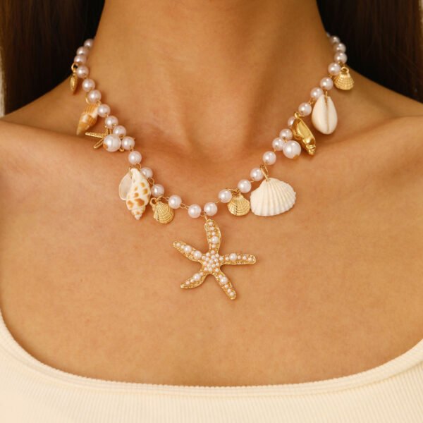 Bohemian Gold Sea Shell Starfish Jewelry Set | Pearl Necklace & Bracelet for Women, Beach Vacation Statement Accessories