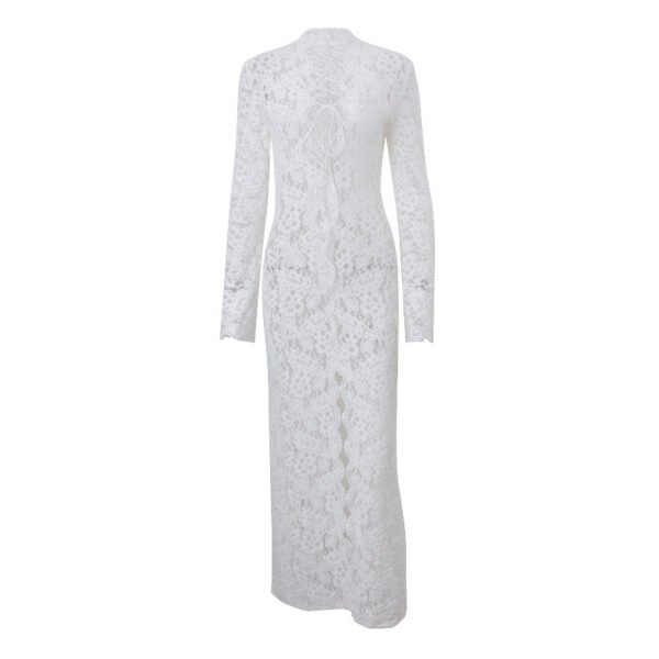 French Lace Sheer Maxi Dress, Crisscross Tie - Back Flared Sleeve High - Slit Sexy Gown - 图片 6