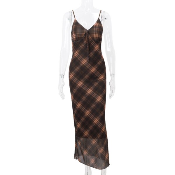 Retro Plaid Spaghetti Strap Maxi Dress, Deep V Tie Waist Slimming French Elegant Dress - 图片 3