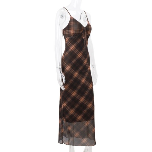 Retro Plaid Spaghetti Strap Maxi Dress, Deep V Tie Waist Slimming French Elegant Dress - 图片 4