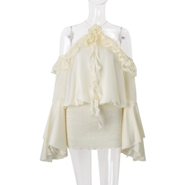Niche Design Off Shoulder Ruffled Dress Backless Tie Up Flared Sleeve Luxury Celebrity Style Party Dress - 图片 5