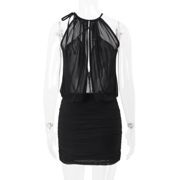 Crisscross Halter Pleated Top Bodycon Pleated Mini Skirt Set, Pure and Sexy Style Slimfitting Two piece Dress - 图片 6