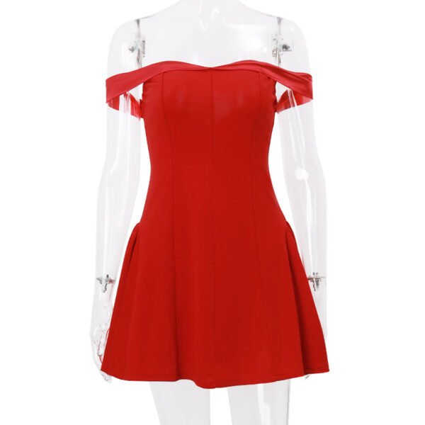 French Off Shoulder Red Satin Dress Waist Cinching A Line Mini Sexy Cocktail Dress - 图片 7