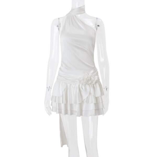 Shoulder Halter Satin Dress 3D Floral Waist Cinching Ruffled Elegant Cocktail Dress - 图片 6
