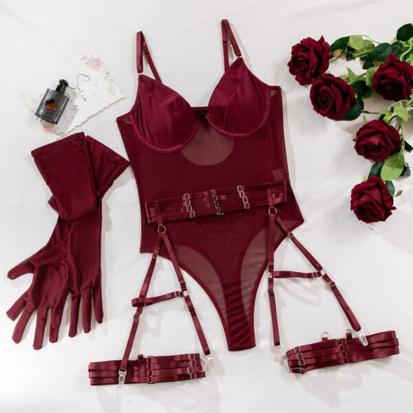 Burgundy Velvet Lace up Bodysuit Garter Lingerie Set with Long Gloves For Valentine's Day - 图片 9
