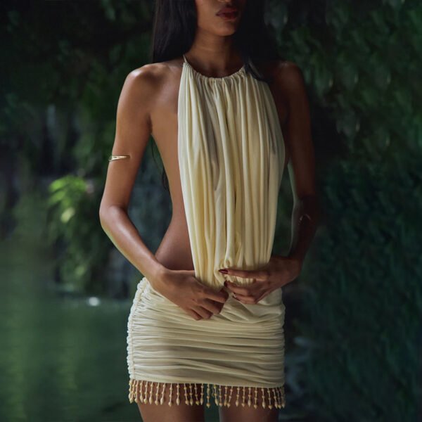 Retro Halter Tassel Bodycon Dress Niche Design Backless Slim Mini Dress Vacation Style Sexy Dress - 图片 2