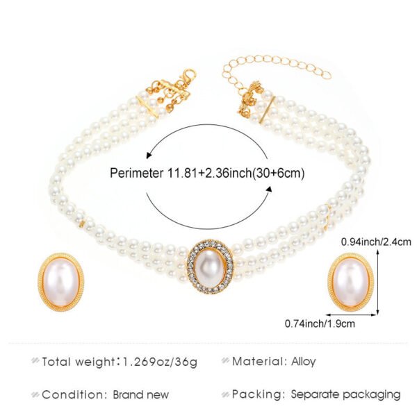 Vintage Pearl & Rhinestone Jewelry Set Double-Layer Choker Necklace & Stud Earrings for Women - 图片 5