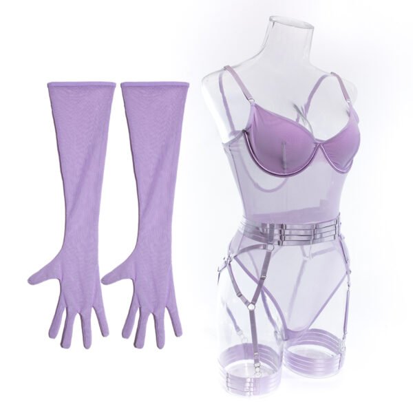 Burgundy Velvet Lace up Bodysuit Garter Lingerie Set with Long Gloves For Valentine's Day - 图片 7
