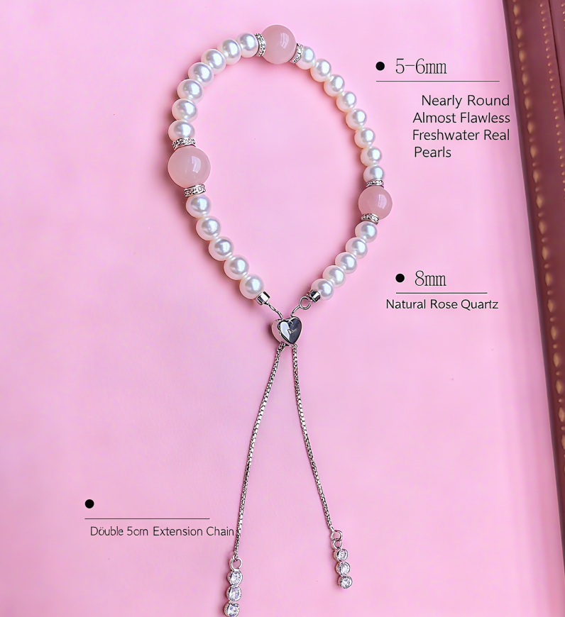 Pearl Bracelet 5-6mm Pearls + 8mm Rose Quartz Pink Crystal - 图片 3