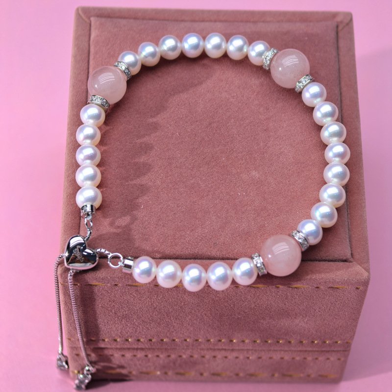 Pearl Bracelet 5-6mm Pearls + 8mm Rose Quartz Pink Crystal - 图片 2