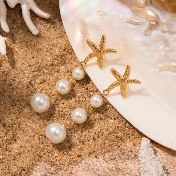 Gold Starfish & Graduated Pearl Drop Earrings - Beachy Boho Seaside Jewelry, 3 Pairs - 图片 3