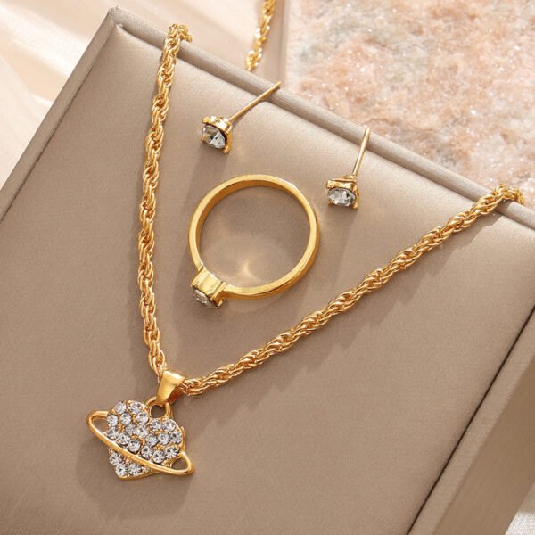 Celestial Planet Jewelry Set: Gold - Tone Necklace, Earrings & Ring with Crystal Accents, Trendy Fashion Jewelry for Women, Perfect for Daily Wear & Gifts - 图片 2
