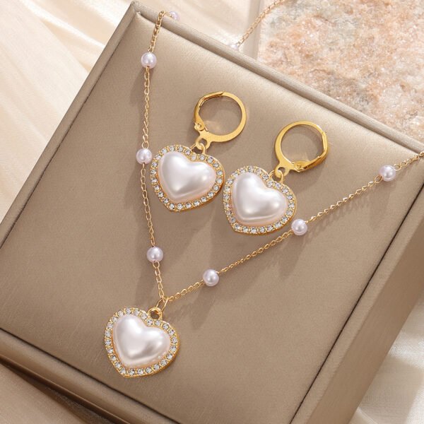 Heart - Shaped Pearl Jewelry Set: Necklace and Earrings with Crystal Accents, Fashion Jewelry for Women, Ideal for Party & Daily Wear - 图片 2