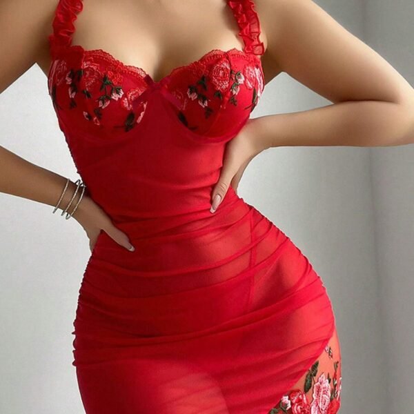 Pink Rose Embroidered Mesh Lingerie Dress - Romantic Ruffled Strap Bodycon Nightwear - 图片 4
