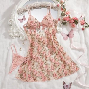 Lavender Butterfly Embroidered Sheer Mesh Lingerie Set - Romantic Babydoll Nightdress & Thong for Women