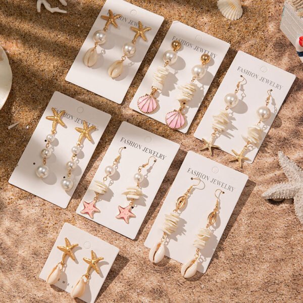Gold Starfish & Graduated Pearl Drop Earrings - Beachy Boho Seaside Jewelry, 3 Pairs - 图片 2