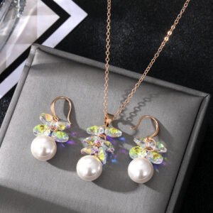 Rainbow Crystal & Pearl Jewelry Set: Necklace and Earrings, Sparkly Fashion Jewelry for Women, Perfect for Party & Evening Wear