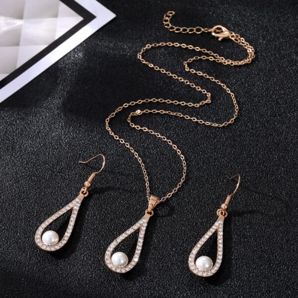 Pearl & Crystal Jewelry Set: Rose Gold Necklace and Earrings, Elegant Fashion Jewelry for Women, Perfect for Wedding & Formal Occasions - 图片 2